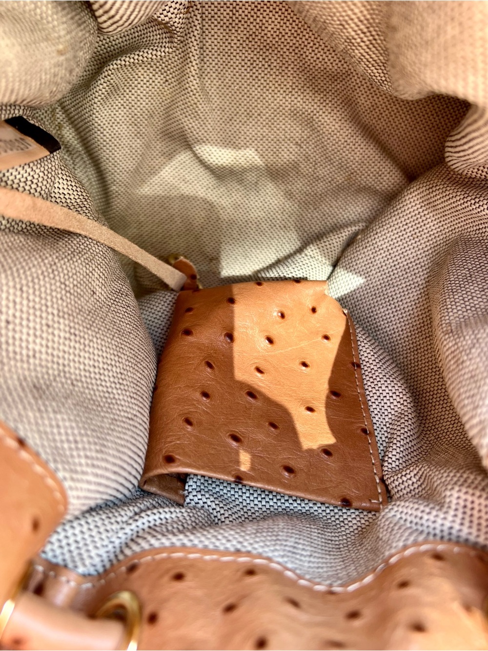 Dooney & Bourke Tan Ostrich-Embossed Leather Drawstring Bucket Bag - Picture 7 of 8